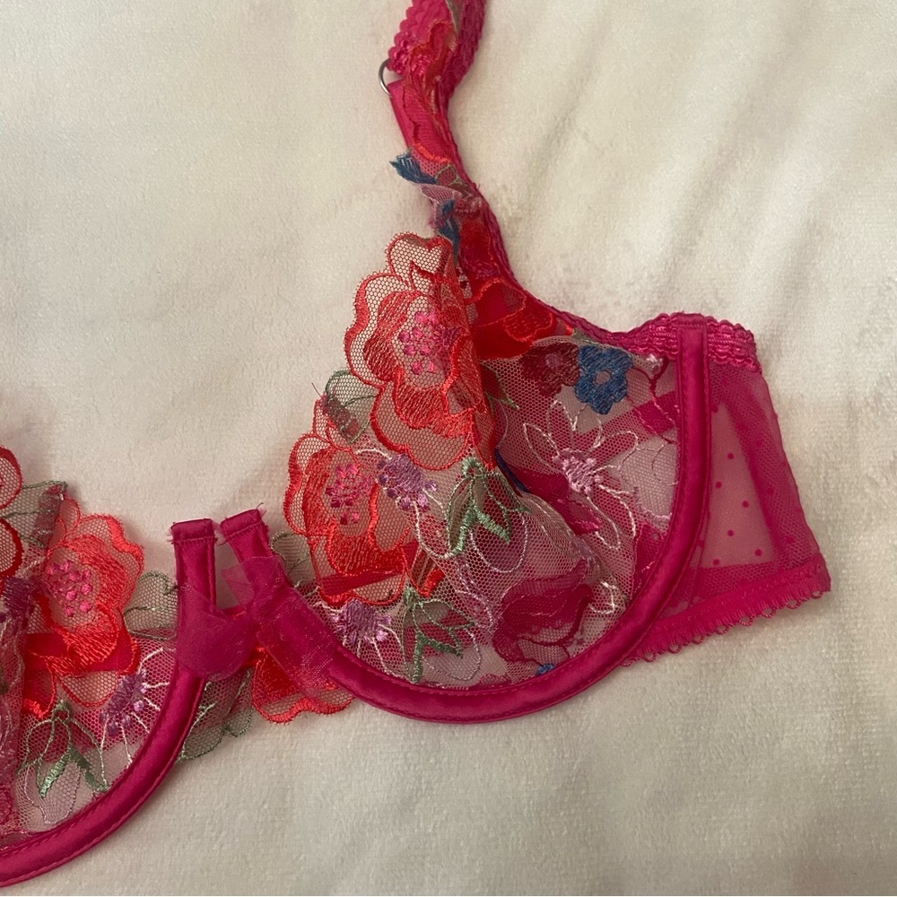 New! For Love and Lemons Luella flocked dot floral bra pink 3824 - Picture 3 of 11